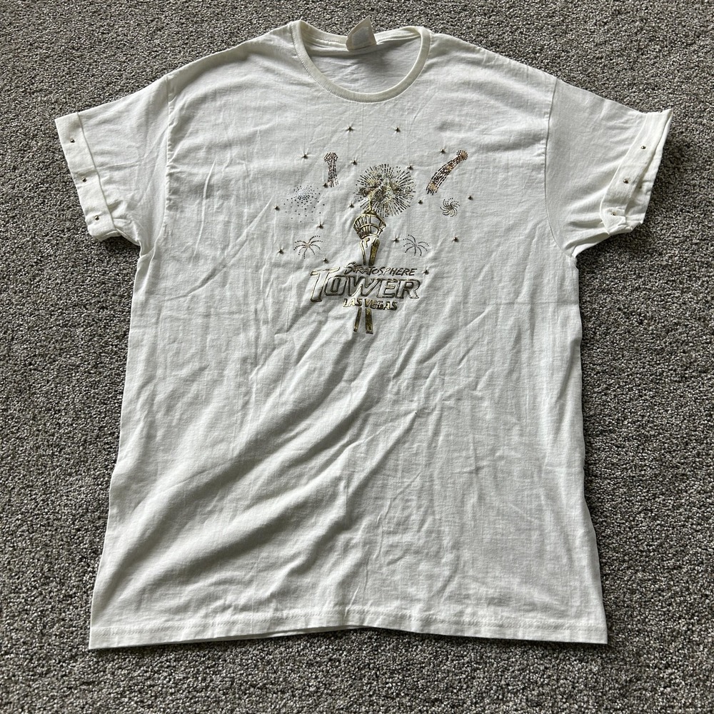 Vintage Stratosphere Las Vegas Shirt Mens L White Tower Fireworks Studded Tee